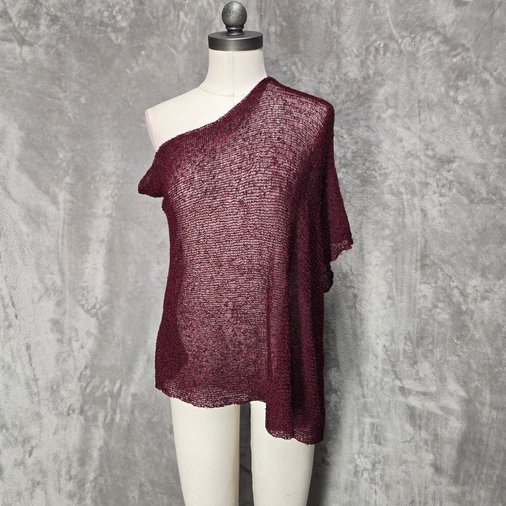 Van Klee Poncho Shrug Top Women OS Burgundy Sheer Open Knit Asymmetrical Drape